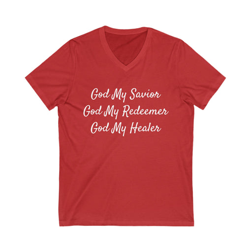 Women's 'God My Savior, God My Reemder, God My Healer' Jersey Short Sleeve V-Neck Tee